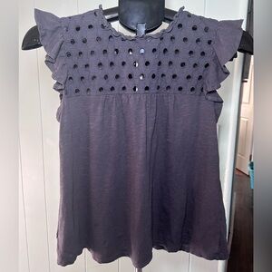 LOFT Gray Eyelet Ruffle Blouse